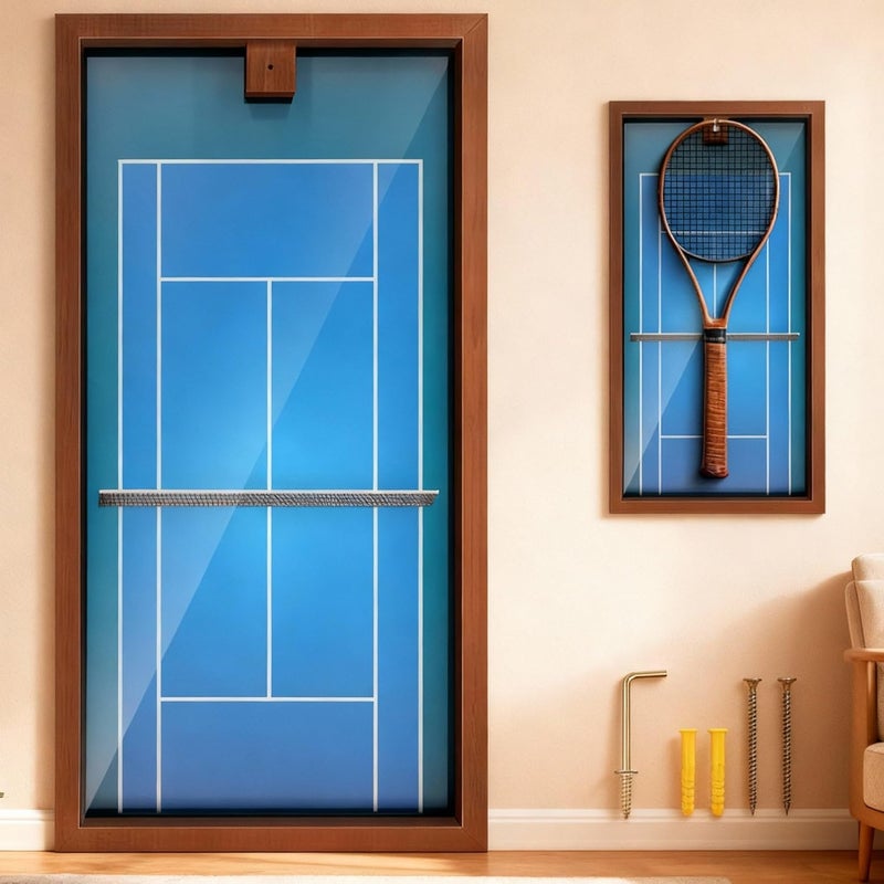 Chunful Wooden Tennis Racket Display Frame Wall Mounted Tennis Racket Storage Rack Display Stand with Walnut Base Copper, 31.5 x 15.8 Inch - Image 1
